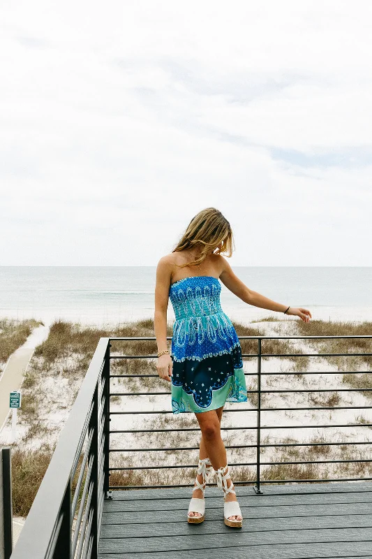 Truly Tropical Mini Dress - Blue Bali Print Elegant Vintage Mini Dress