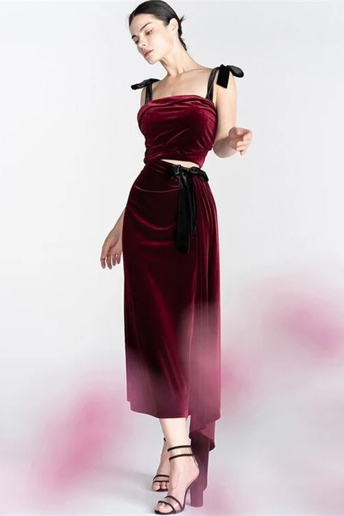 Two Piece Burgundy Velvet Midi Dress Fashionable Skater Midi Dress