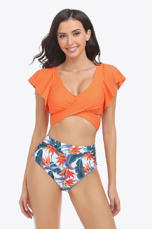 Two-Tone Flutter Sleeve Tied Two-Piece Swimsuit Reversible Bikini Set