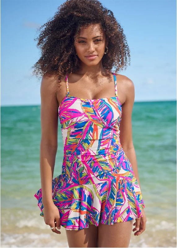 Skirted Bandeau Swim Dress - Bright Palm Chic Beach Cover-Up