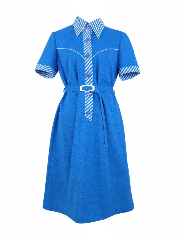 Vintage 60s Mod Psychedelic Gogo Bright Blue Pointed Dagger Collar Half Sleeve Full Circle Belted Shift Midi Dress Trendy A-Line Midi Dress