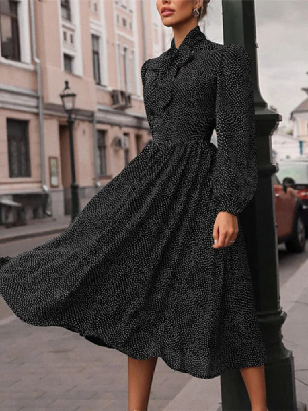 Fashion Vintage Polka Dot Print Knotted Big Swing Casual Long Sleeve Midi Dress Comfortable Denim Midi Dress