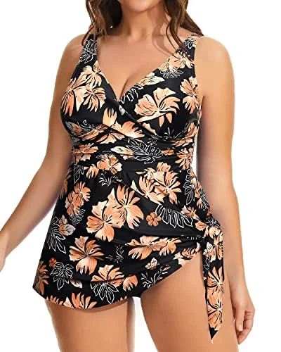 Women's Asymmetrical Hem Swim Dress Built-In Shorts-Orange Flower Solid Color Swimsuit