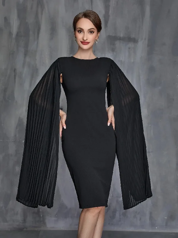 Womens' Pleated Cloak Sleeves Midi Dress Stylish Midi Dress with Cuffs