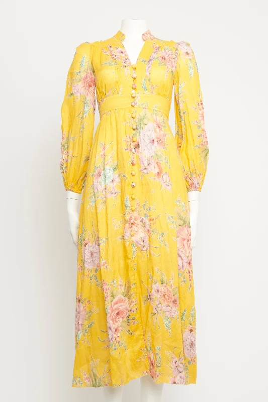 Yellow Linen Preowned Zinnia Floral Midi Dress Elegant Satin Button Midi Dress