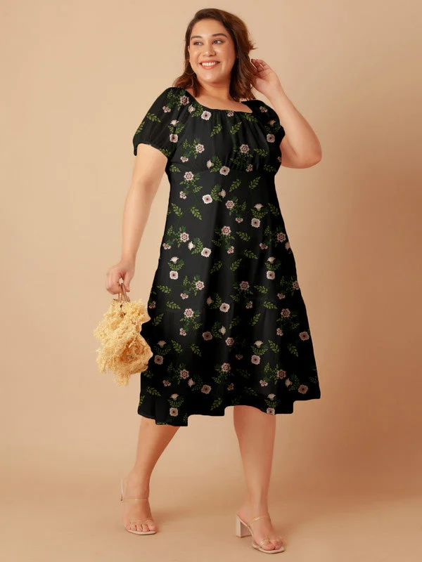 Black Floral Print Empire Midi Dress Fashionable Chiffon Midi Dress