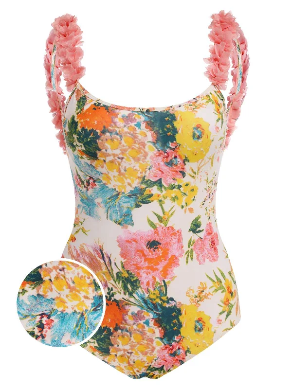 1930s 3D Floral Strap Backless One-Piece Swimsuit Floral Bikini Top