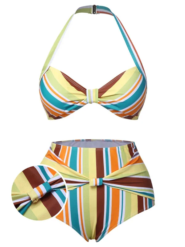 1930s Halter Contrast Stripes Swimsuit Two-Piece Beachwear