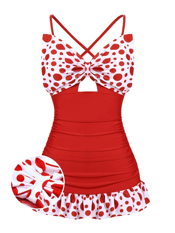 1930s Polka Dot Bowknot Patchwork Swimsuit Swim Skirt Set