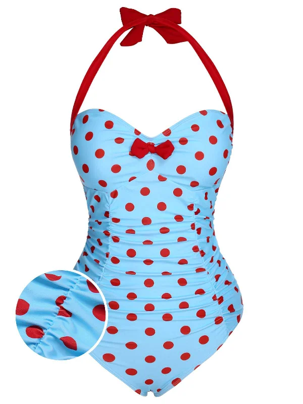 1940s Halter Contrast Polka Dots One-Piece Swimsuit Comfortable Tankini Set