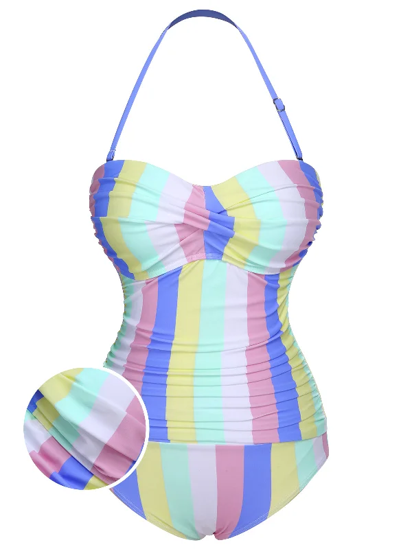 1950s Colorful Striped One-Piece Swimsuit Classic Two-Piece Bikini