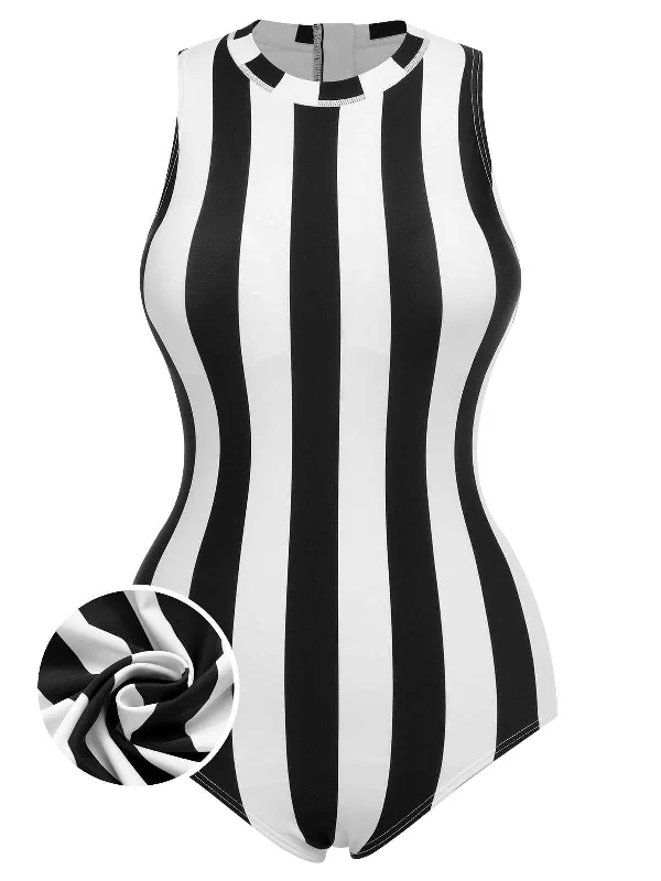 1950s Contrast Stripes Triangle One-Piece Swimsuit Chic Swimsuit Cover-Up