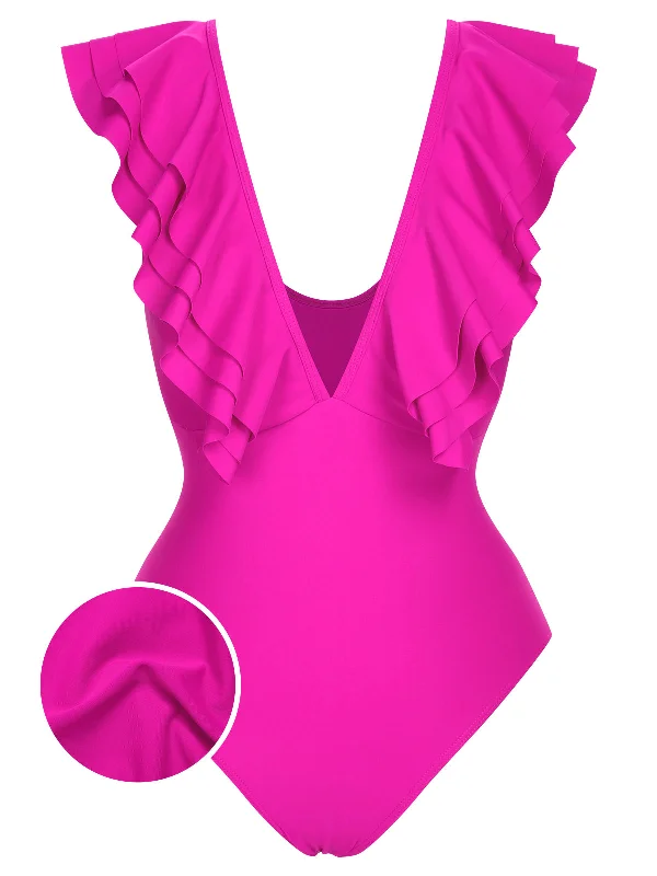 1950s Solid Ruffle V-Neck One-Piece Swimsuit Luxury Swimsuit Style