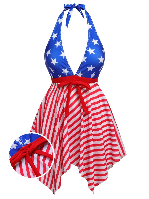 1950s Star Stripe Halter Swimsuit Plunge Neckline Swimsuit