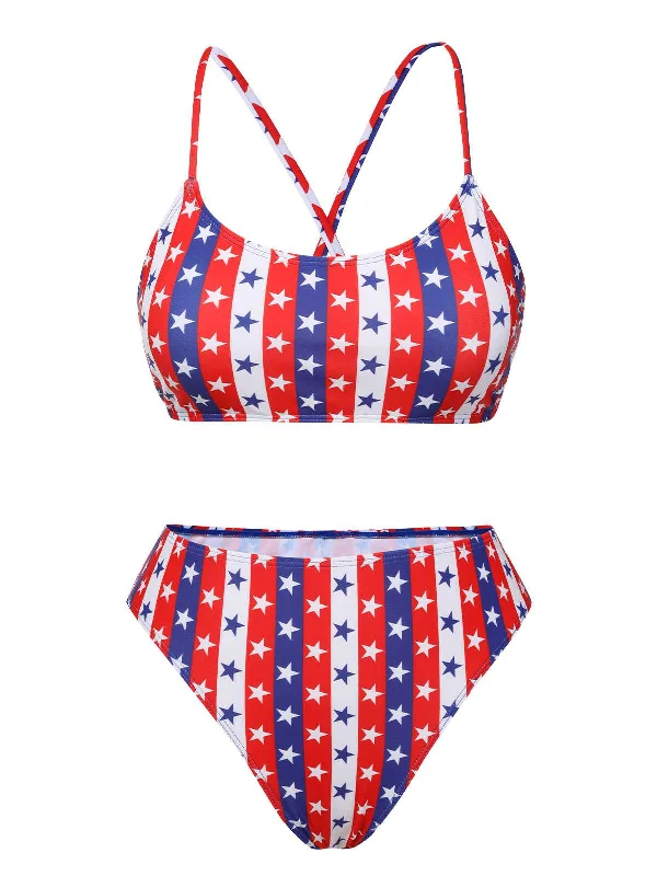 1960s Spaghetti Strap Independence Day Swimsuit Strap Bikini Set