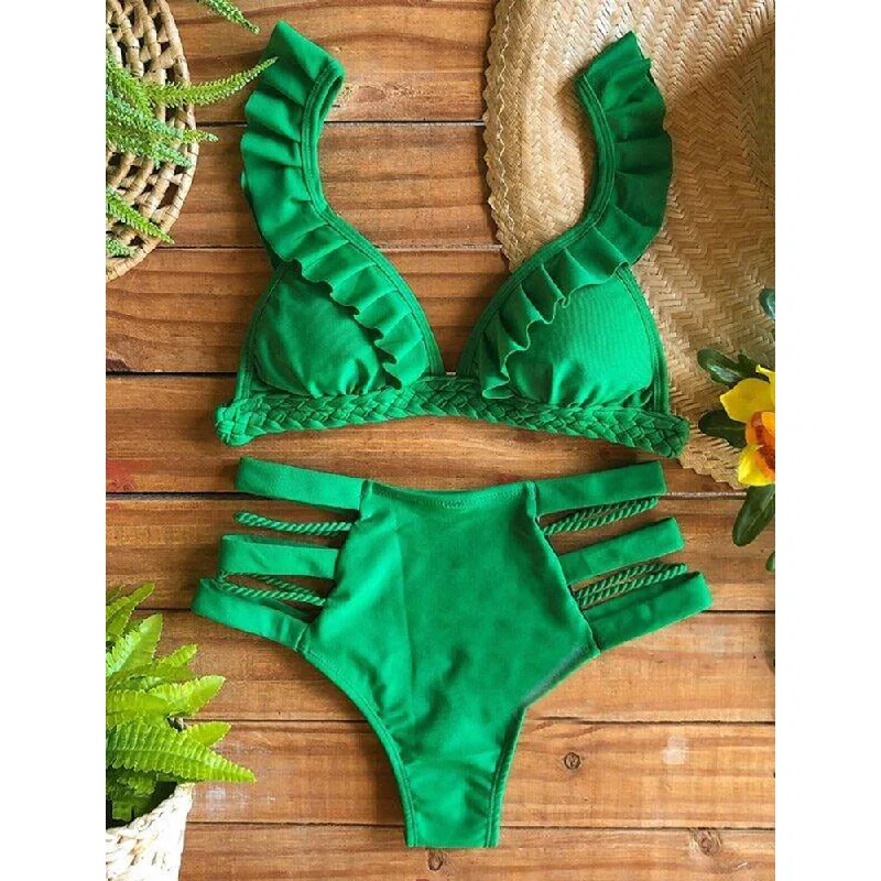 Green High-Waisted Hollow Bikini Swimwear Sexy Cutout Swimsuit