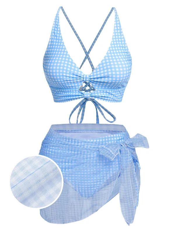 2PCS Blue 1950s Plaids Swimsuit & Mesh Cover-Up Sleek Racerback Swimsuit