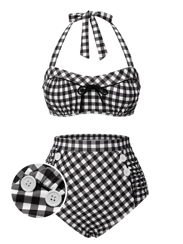 Black 1940s Plaid Halter Swimsuit Sexy Two-Piece Set