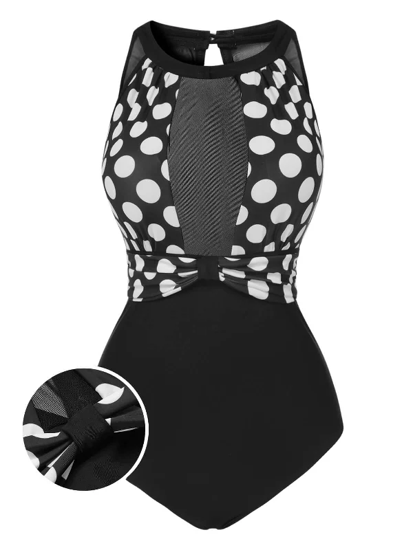 Black 1950s Polka Dot Swimsuit Plunge Back Swimsuit