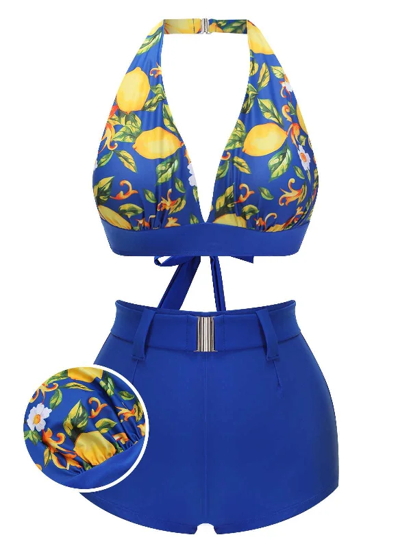 Blue 1930s Halter Lemon Belted Swimsuit Soft Beachwear Set