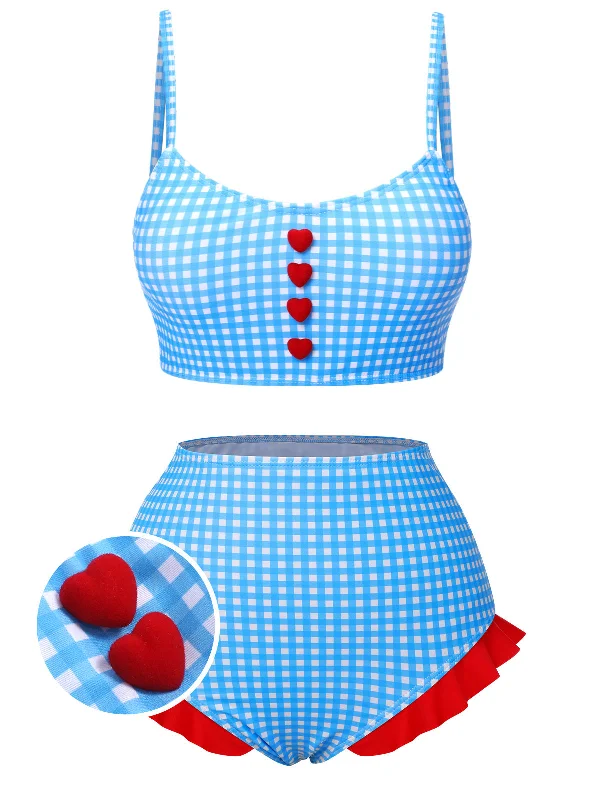 Blue 1950s Spaghetti Strap Button Plaids Swimsuit Quick-Dry Tankini