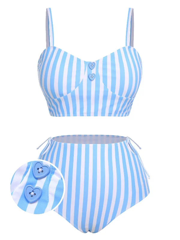 Blue 1950s Striped Heart Button Swimsuit Swim Dress with Belt