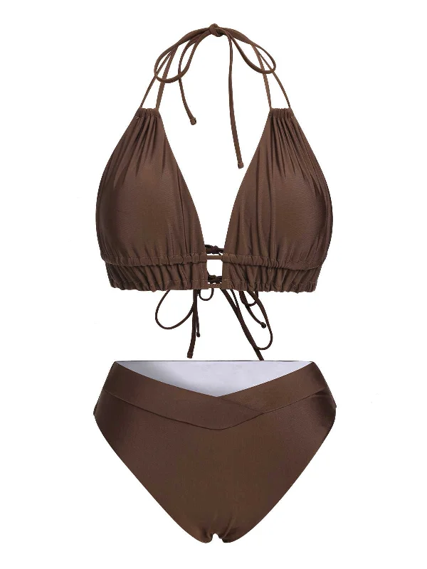 Brown 1960s Halter Solid Swimsuit Push-Up Bikini Top