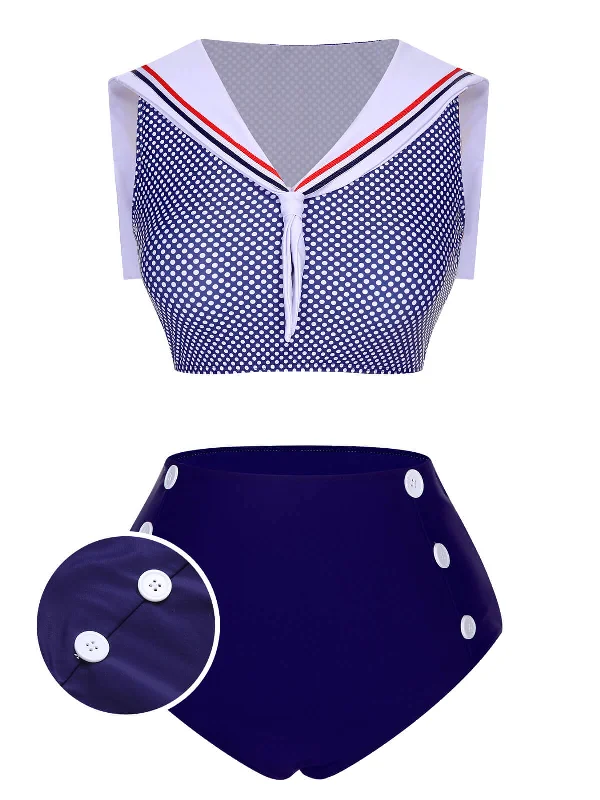 Dark Blue 1940s Dots Sailor Collar Swimsuit Deep-V Swimsuit Design