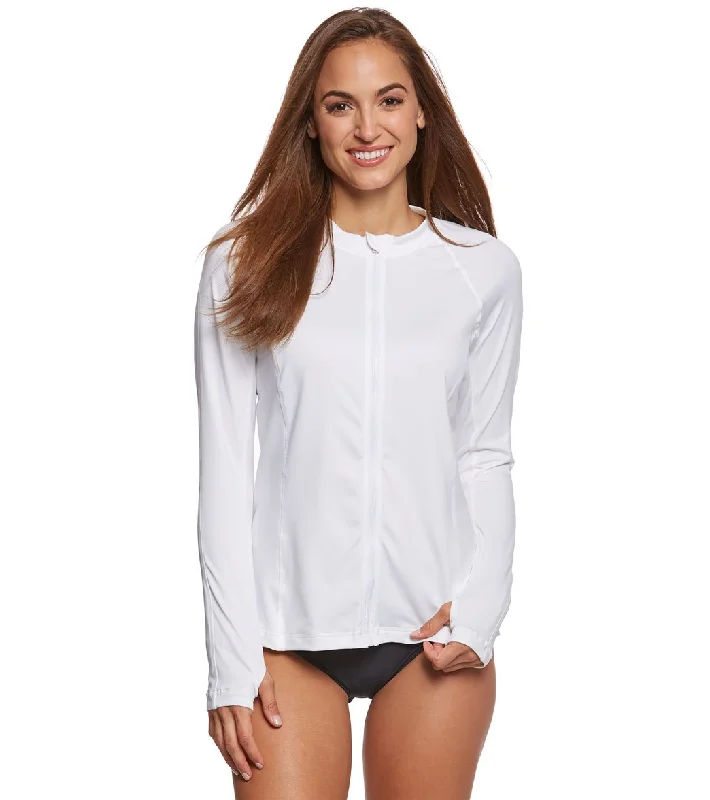 Gabar Chlorine Resistant Pool Long Sleeve Swim Shirt White Deep-V Swimsuit Design