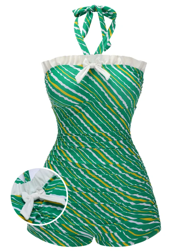 Green 1930s Stripe Off-Shoulder Halter Swimsuit Two-Piece Beachwear