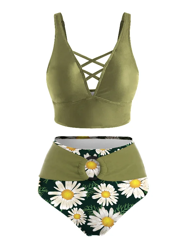 Green 1950s V-Neck Daisy Swimsuit Fun Pattern Swimsuit