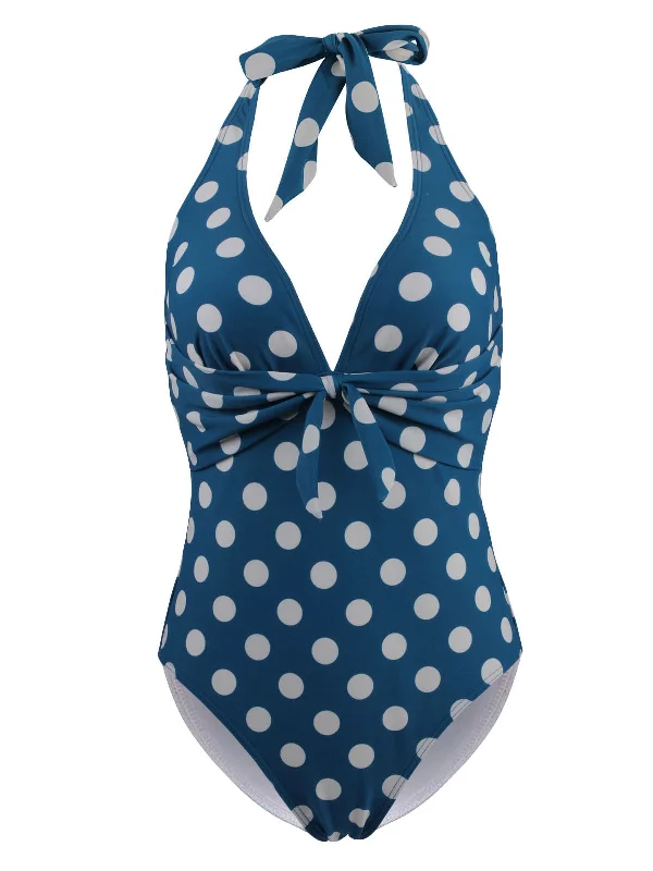 Halter Polka Dot One-Piece Swimsuit Floral Print Swimsuit