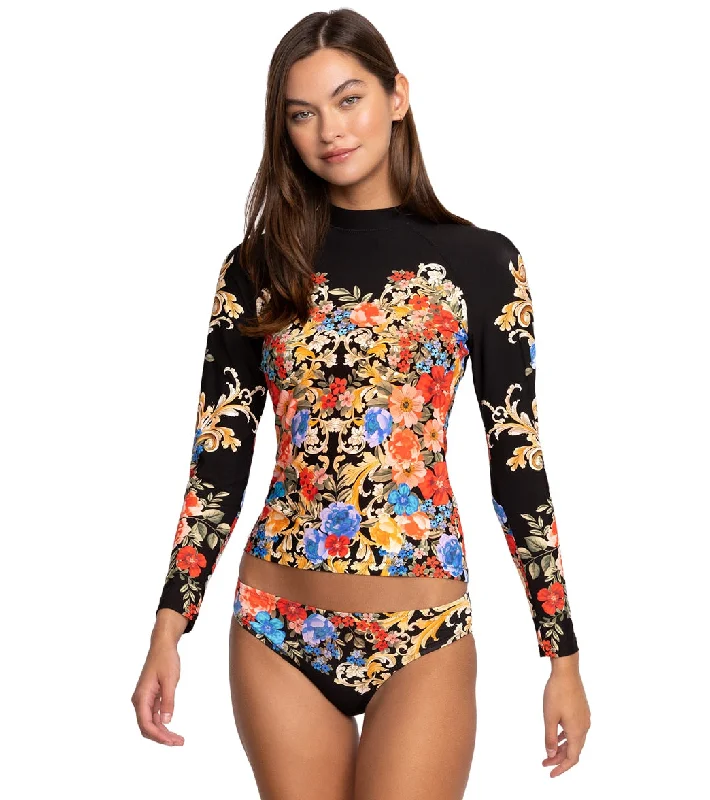 Johnny Was Women's Black Royal Print Cut Out Back Swim Shirt Multi Mesh Swimsuit Top