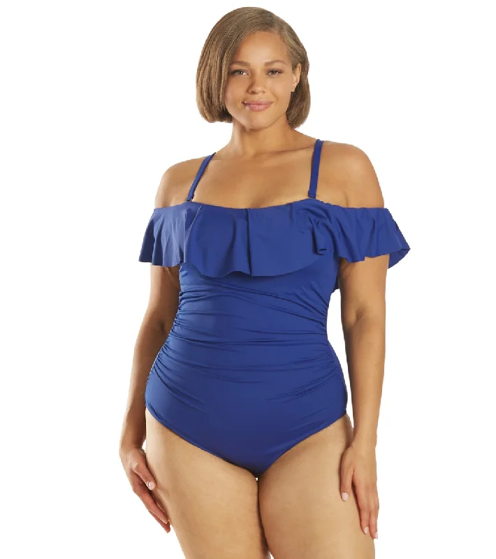 La Blanca Plus Size Island Goddess Off Shoulder Ruffle One Piece Swimsuit Blueberry Beachy Ruffle Bikini