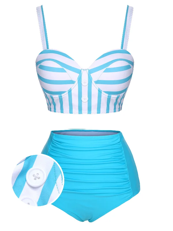 Light Blue 1950s Stripe Strap Swimsuit Luxury Swimsuit Style