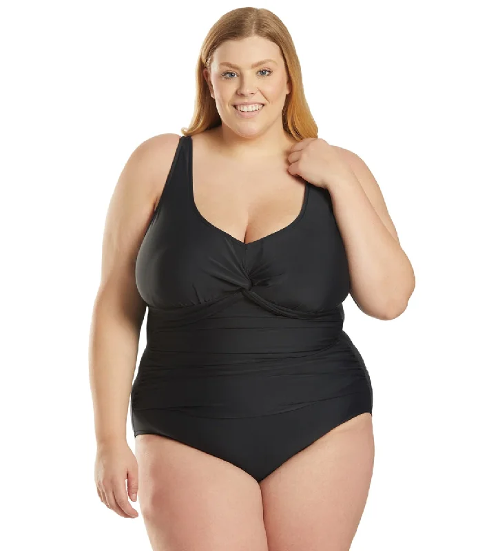 Maxine Plus Size Tricot Twist Front One Piece Swimsuit Black Flirty Ruffle Swimsuit