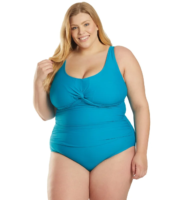 Maxine Plus Size Tricot Twist Front One Piece Swimsuit Plunge Neckline Swimsuit