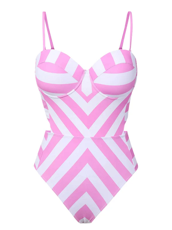 Pink 1940s Striped Bandeau One-Piece Swimsuit Elegant Halter Bikini