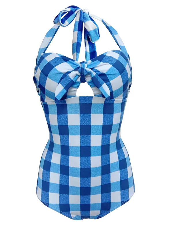 Plaid Halter One-Piece Swimsuit Sexy Cutout Swimsuit