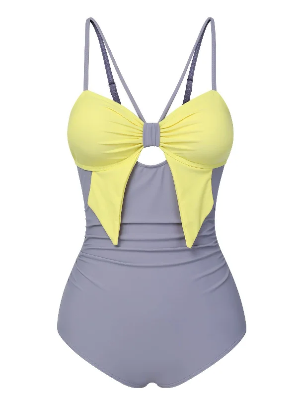 Purple & Yellow 1950s Cut Out Contrast Bow Swimsuit Full Coverage Swimsuit