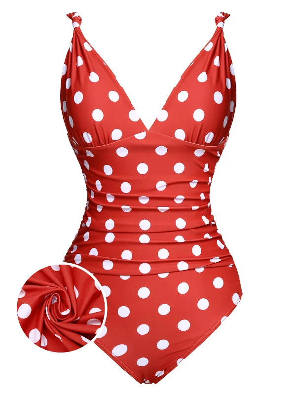 Red 1930s Polka Dot V-Neck Swimsuit V-Neck Swim Dress