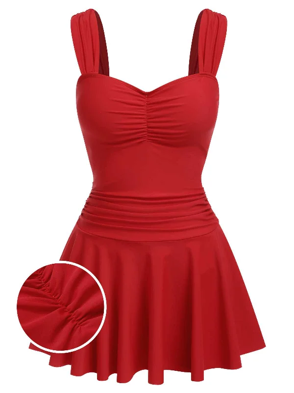 Red 1950s Pleated Solid One-Piece Swimsuit Push-Up Bikini Top