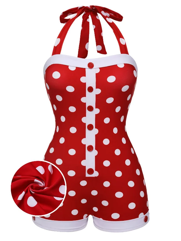 Red 1950s Polka Dot Patchwork Halter Swimsuit Vibrant Bikini Design