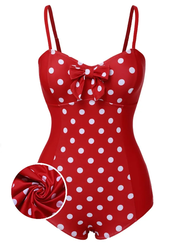 Red 1950s Polka Dot Patchwork Strap Swimsuit Push-Up Bikini Top