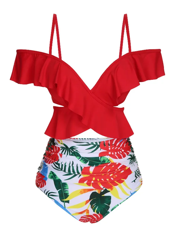 Red 1960s Ruffle Sleeves Tropical Plant Swimsuit High-Waisted Swimwear