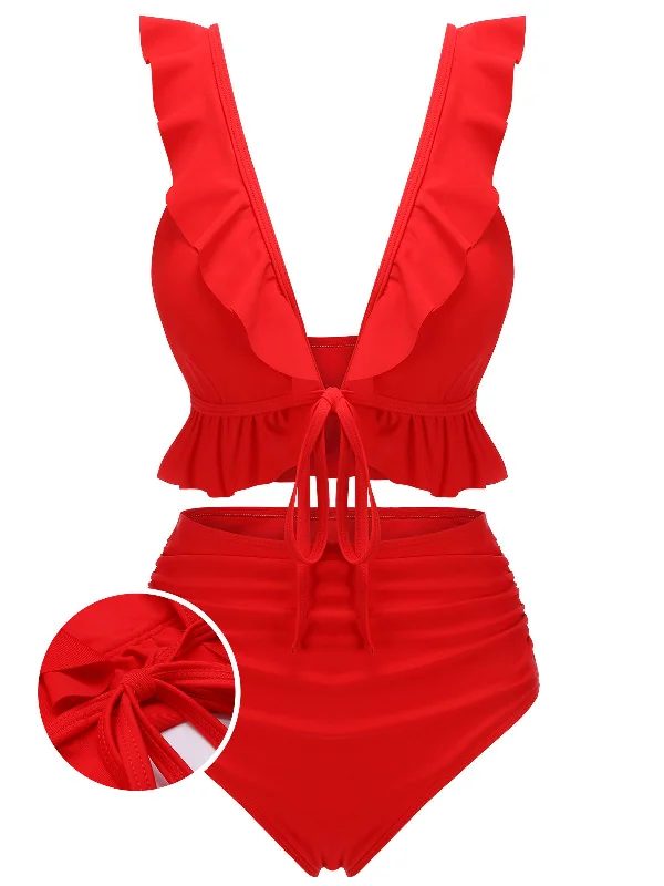 Red 1950s Solid Ruffled V-neck Straps Swimsuit Ruched Swimwear Set