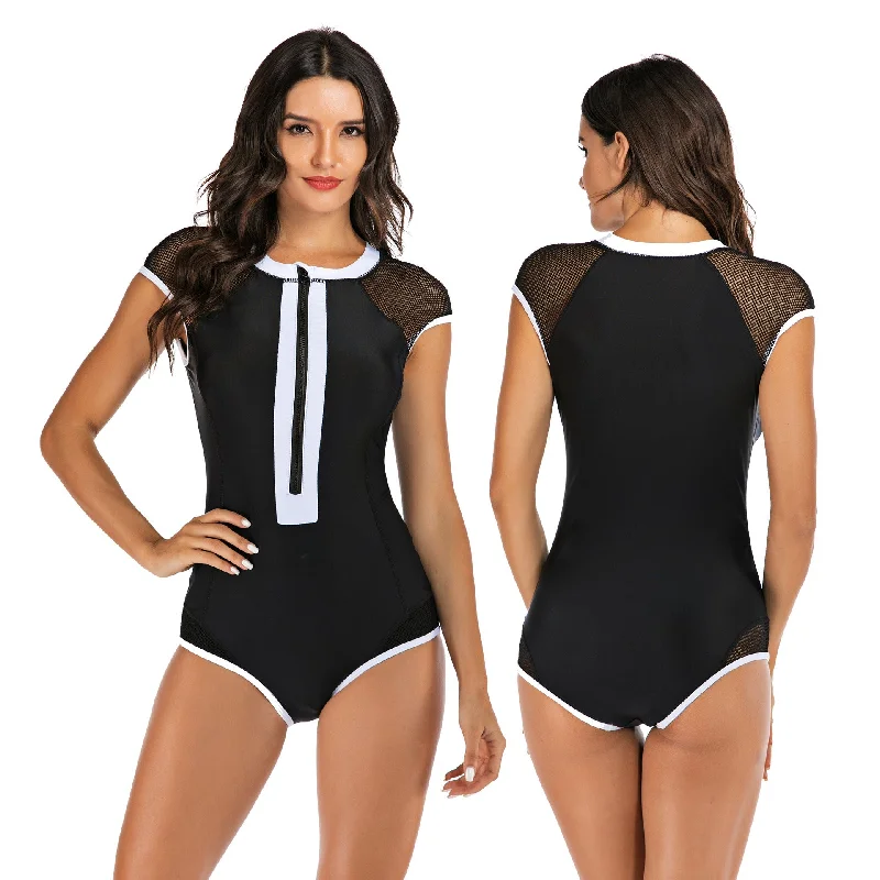 Sexy Sleeveless Zipper Diving One Piece Black Swimmsuits High-Waist Bikini Set