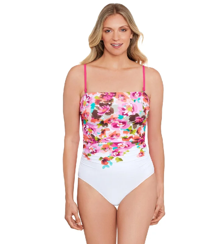 Shape Solver By Penbrooke Women's Border Floral Shirred Bandeau  One Piece Swimsuit Multi Comfortable Tankini Set