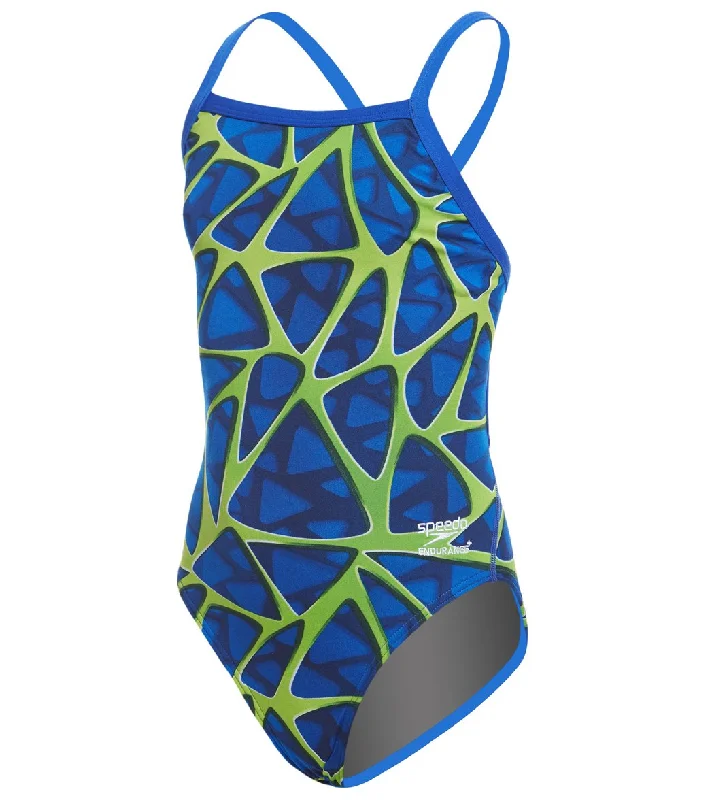 Speedo Endurance+ Girls' Caged Out Flyback One Piece Swimsuit Blue/Green Trendy Swimwear Set