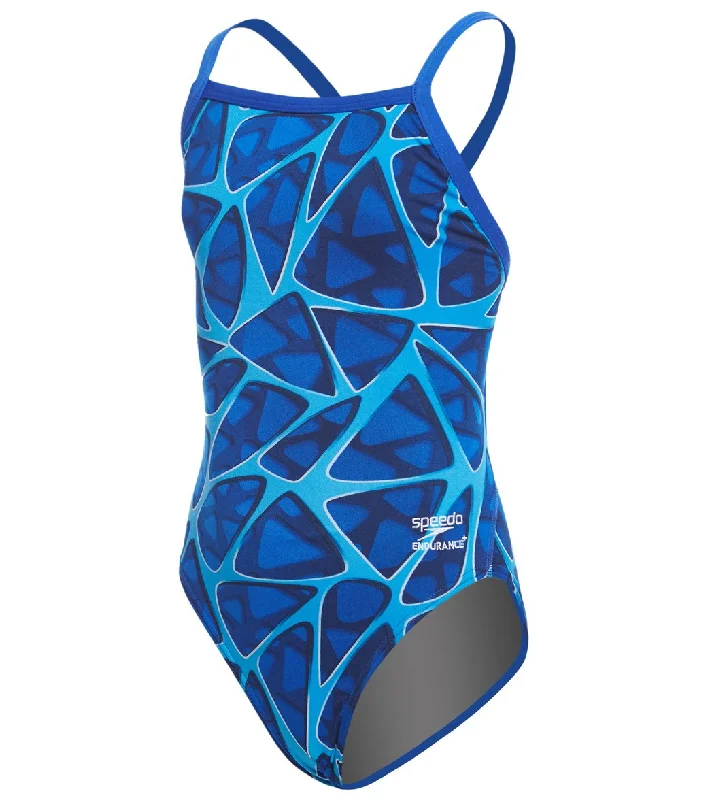 Speedo Endurance+ Girls' Caged Out Flyback One Piece Swimsuit Blue Casual Swim Dress